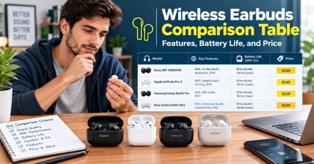 Best Wireless Earbuds of 2026 Top Picks for Sound, ANC & Comfort 3 Wireless Earbuds Comparison Table Features, Battery Life, and Price
